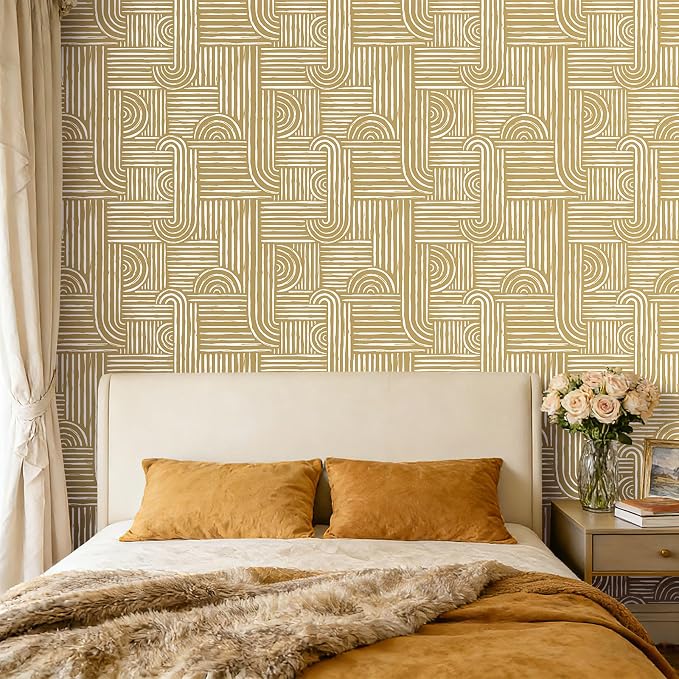 Livelynine Geometric Abstract Peel and Stick Wallpaper White and Gold Mid Century Modern Neutral Mustard Yellow Golden Beige Designs Wallpaper Boho Contact Paper Rolls Minimalist Removable 17.5x78.8