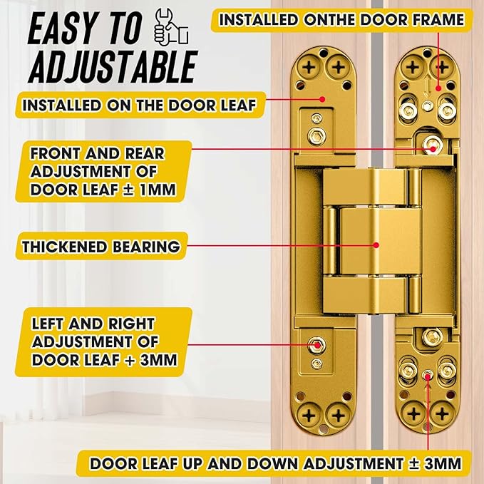 6inch Hidden Door Hinge,Concealed Hinges,Hidden Door Hardware kit,Invisible Door Silent 180 Degree Swing Hinge 3-Way Adjustable Butt 6 x 2.5 x 1inch (Gold, 6 inches)