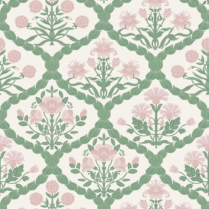 17.3" x 196.8" Pink Floral Peel and Stick Wallpaper Vintage Wall Paper Boho Pink Floral Damask Wallpaper for Bedroom Decorative Self Adhesive Shelf Drawer Liner