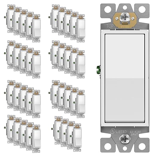 ENERLITES Decorator Paddle Rocker Light Switch, Gloss Finish, Single Pole, 3 Wire, Grounding Screw, Residential Grade, 15A 120V/277V, UL Listed, 91150-W-40PCS, White (40 Pack)
