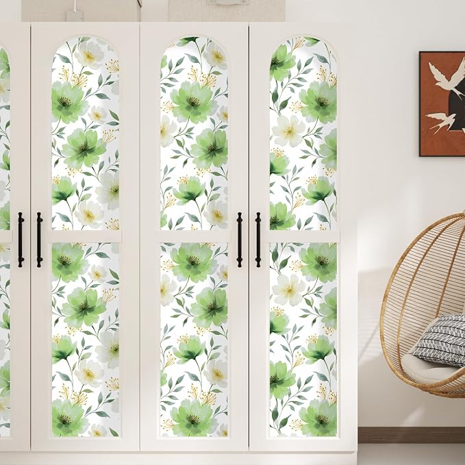 ILHIIOR White Floral Peel and Stick Wallpaper Boho Leaf Contact Paper Green Flower Removable Self Adhesive Waterproof Wall Paper for Cabinet Drawers Wall Decor Renter Friendly 17.5''x118''