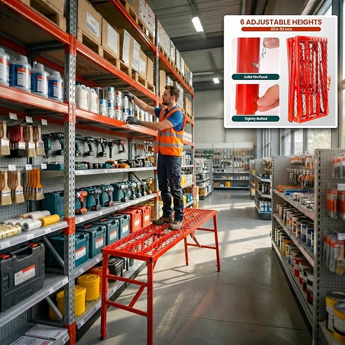 Adjustable Work Platform Ladder for Stairs - 1000 LBS Heavy Duty Folding Scaffold with 5 Height Settings (27"-57") for Professional Painting & Construction, Tool-Free Setup, Anti-Slip Surface