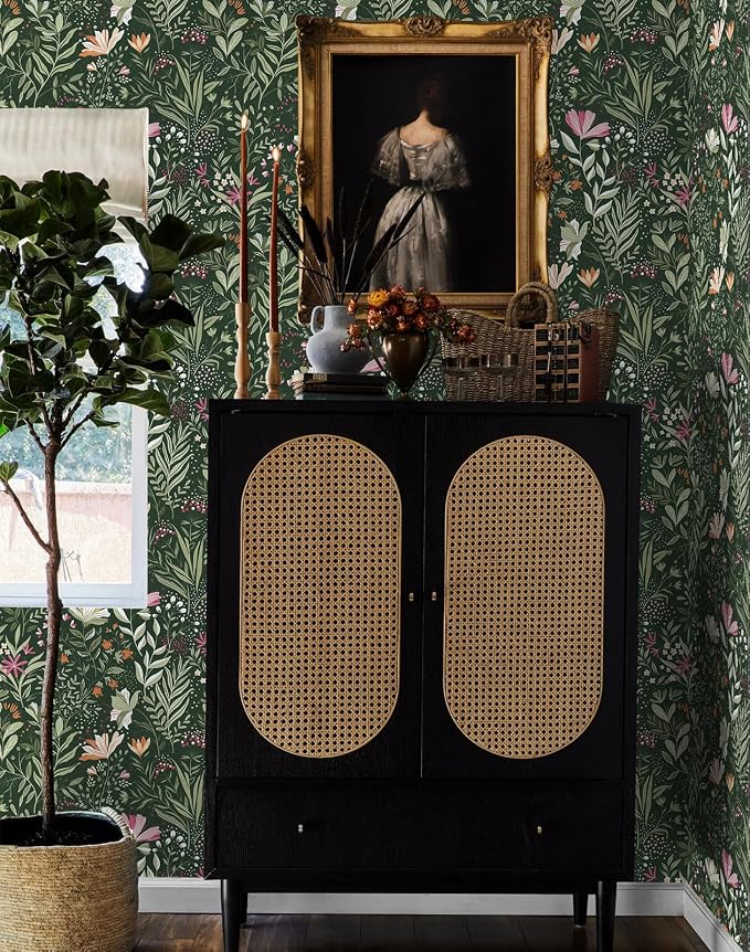 Fititem Green Floral Peel and Stick Wallpaper Boho Dark Vintage 17.3”×78.7” | Floral Self Adhesive Contact Paper Botanical Nature Removable Wildflower Wallpaper Waterproof Wallpaper for Bathroom Bedroom