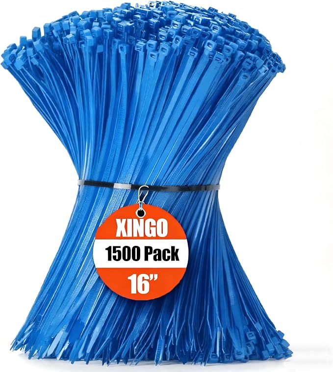 XINGO 16 Inch Blue Zip Ties 1500 PCS, 85 LBS Tensile Strength, UV Resistant Cable Ties, Premium Self-locking Plastic Ties for Indoor and Outdoor Use