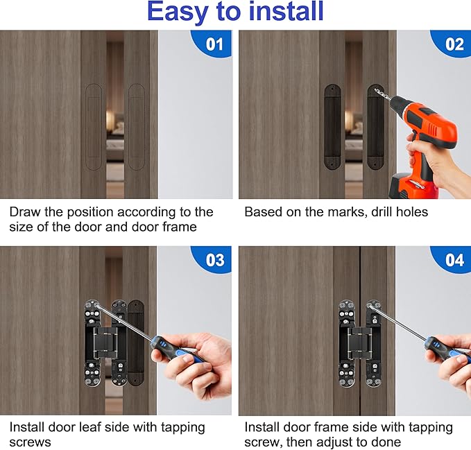 2Kits 7 inch Stainless Steel Hidden Door Hinges -Invisible Hinges for Doors, 180 Degree Swing Concealed Door Hinges, 3 Way Adjustable for Heavy Duty (‎Black)