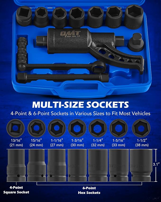 OMT 11pc 1" Drive Torque Multiplier Wrench Set, 6800 Nm Lug Nut Remover | 1:64 Labor Saving Ratio; 5015 Ft-Lb; 8 Sockets 21-38mm; 10.4" Extension Bar; Heavy Duty Tool For Semi Trucks, RVs, Buses