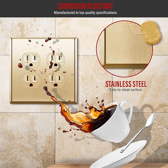 ENERLITES Dual Duplex Receptacle Metal Wall Plate, Stainless Steel Outlet Cover, Corrosion Resistant, Mid-Size 2-Gang 4.88" x 4.92", Stainless Steel 201, 7722M-PB, Polished Brass