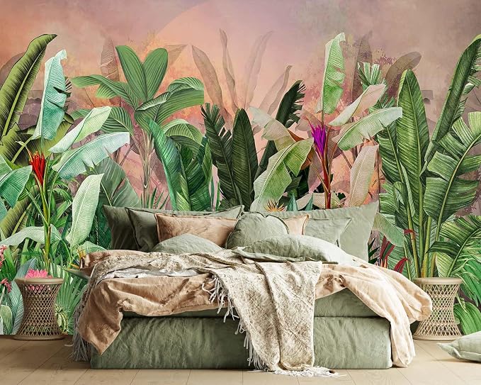 Jdayda Tropical Green Banana Leaves Wallpaper Mural Botanical Plant Large | 127"x96" Not-Self-Adhesive Wall Mural for Livingroom Bedroom