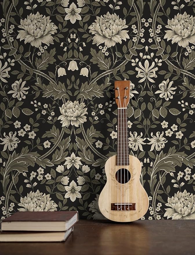 NextWall Honeysuckle Trail Floral Vintage Peel and Stick Wallpaper (Ebony & Pavestone)