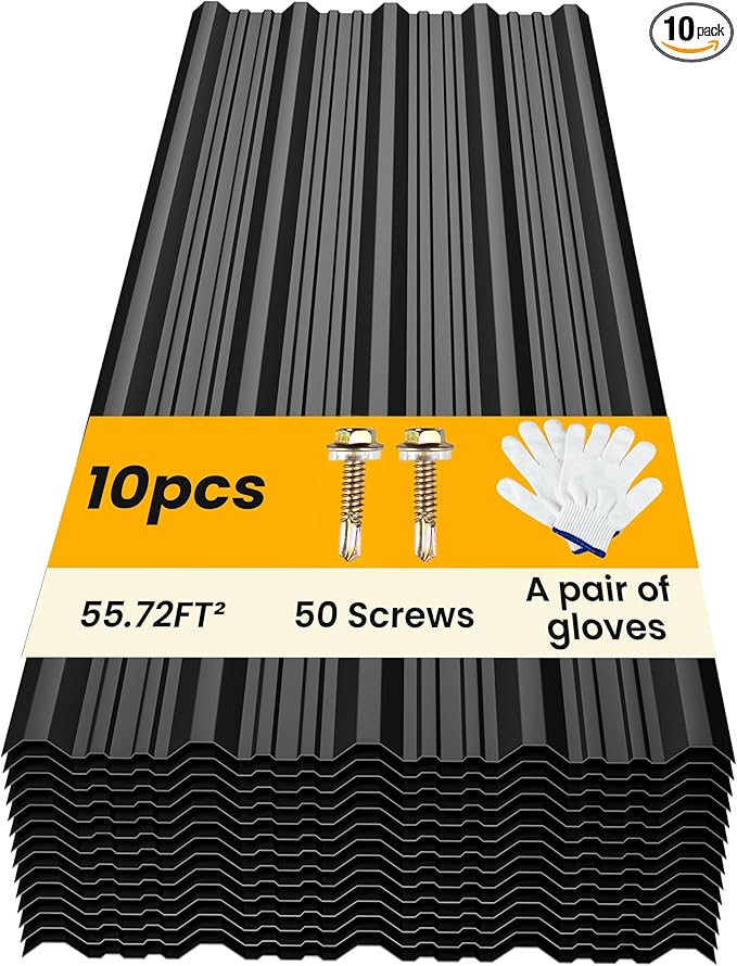 10 pcs Metal Roofing Panels - Corrugated Galvanized Roof Panels L45.28x W17.72 Inch, Waterproof Tin Roof Sheets for Garages,Sheds, Stables and Mobile Homes, Includes Screws(Black,L45.28''-10)
