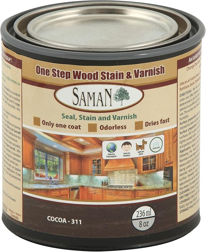 SamaN Interior One Step Wood Seal, Stain and Varnish – Oil Based Odorless Dye - Protection for Furniture and Fine Wood (Cocoa SAM-311, 8 oz)