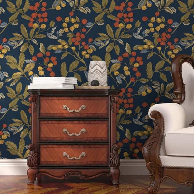 Navy Floral Leaf Vintage Green Wallpaper Peel and Stick 17.5"x393.7" | Self Adhesive/Removable/Waterproof/Thick Vinyl Contact Paper for Bathroom Bedroom Shelf Cabinet Drawer,Prepasted,Easy Peel
