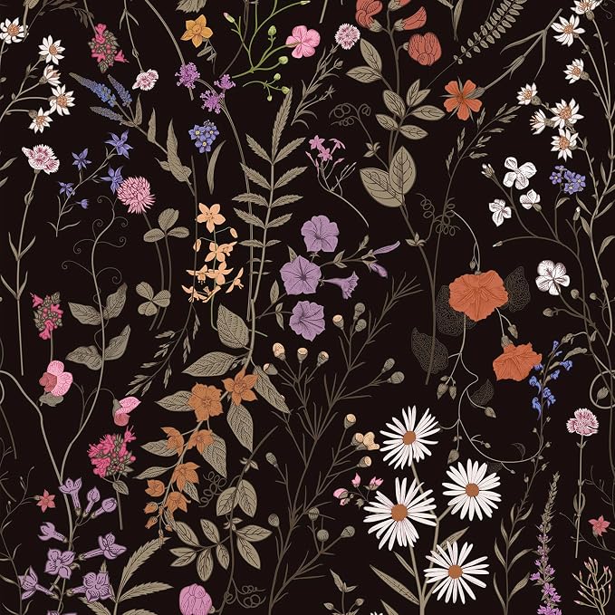 JiffDiff Floral Wallpaper Peel and Stick- 473" x 17.3" Farm Wildwood Daisy Flower Wall Paper Stick On Wallpaper Dark Floral Self Adhesive Contact Paper (Timeless)