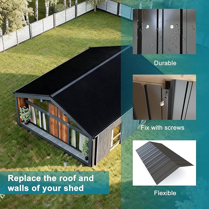 NeatiEase 10 Pcs Metal Roofing Panels, 6.1 Feet Corrugated Galvanized Roofing Panels Metal Siding Panels with Steel Screws for Pergola, Gazebo, Shed, Outdoor Storage, Chicken Coop,Garages (Black)