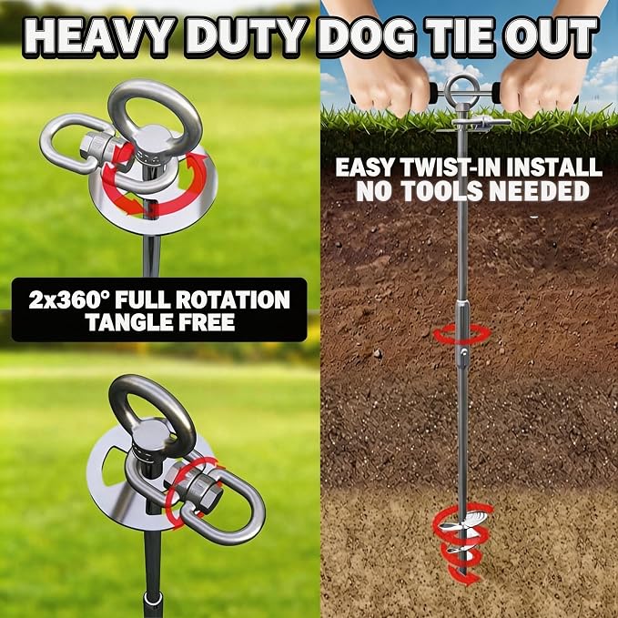 23" Dog Tie Out Stake with Spring, 20ft Cable & Chew Toy, Heavy Duty 304 Stainless Steel Anchor, 2x360° No Tangle Swivel for Large Medium Dogs, Yard & Camping (Stake/20ft Cable/Toy/250lbs)