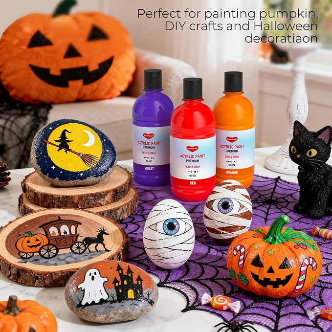 Smallbudi 25 Colors Large Acrylic Paint Set (16.9 oz,500 ml), Bulk Acrylic Paint Non-Toxic Art Painting Supplies on Multi Surface Pumpkin Canvas Wood Craft Fabric Rock for Artist Kids with Color Wheel
