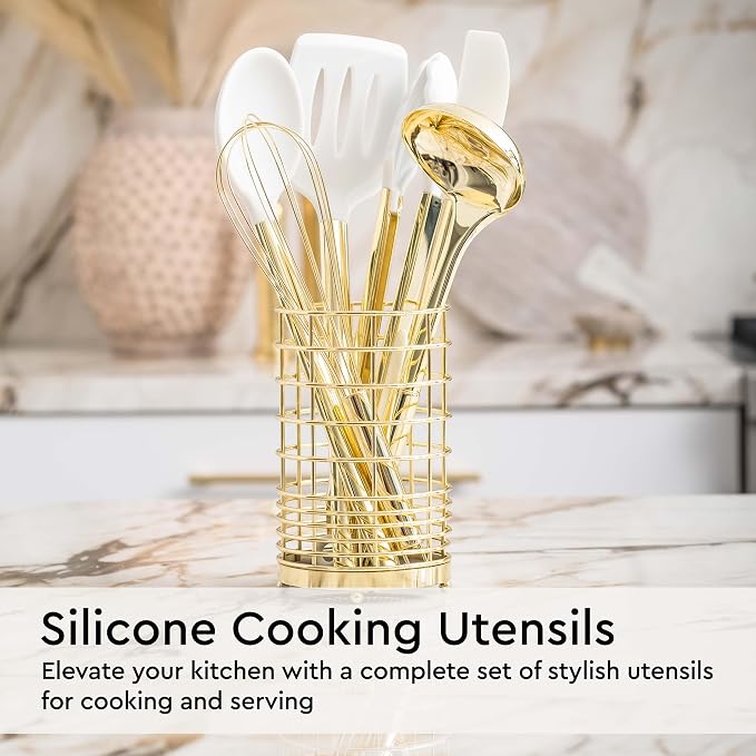 Styled Settings White and Gold Kitchen Utensils Set, 23-Piece | Stainless Steel, Gold Kitchen Accessories Include Measuring Cups, Silicone Utensils, Utensil Holder -Gold Kitchen Accessories