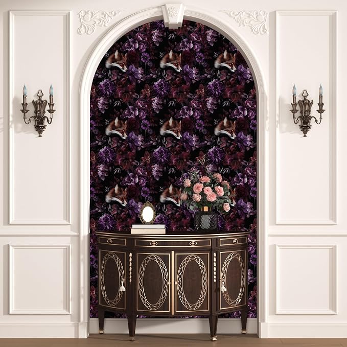 Gothic Black Red Fox Floral Wallpaper Peel and Stick 17.5"x118" | Self Adhesive/Removable/Waterproof/Thick Vinyl Vintage Contact Paper for Bathroom Bedroom Shelf Cabinet Drawer,Prepasted