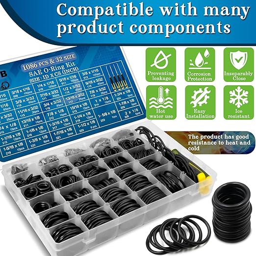 ZDBB 1086 Pcs SAE Standard O Ring Kit Nitrile Rubber O-Rings Assortment with O‘Ring Pick for Hydraulic Automotive Plumbing Faucet Seal Repair 32 Size Inch ID:1/8”-2”