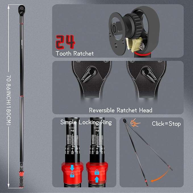 1-Inch Drive Torque Wrench 200-1500ft.lb/271.0-2032.5Nm | ±3% Precision Dual Direction Torque Wrenches with 24-Tooth Dual Range Scales with Ft.Lbs and N.m