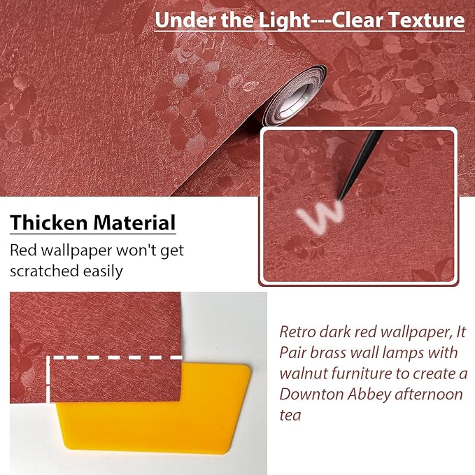 Red Wallpaper Burgundy Silk Texture Embossed Floral 393in17.7in | Thicken Vinyl Wallpaper,Retro Crimson Red Self Adhesive Wall paper for Bedroom, Easy to Use&Removal,Gift Paper Christmas