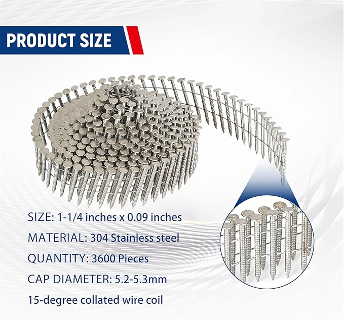 3600 Count Stainless Steel Siding Nails 15-Degree Collated Wire Coil 1-1/4 Inch, 0.09 Inch Ring Shank Siding Nails