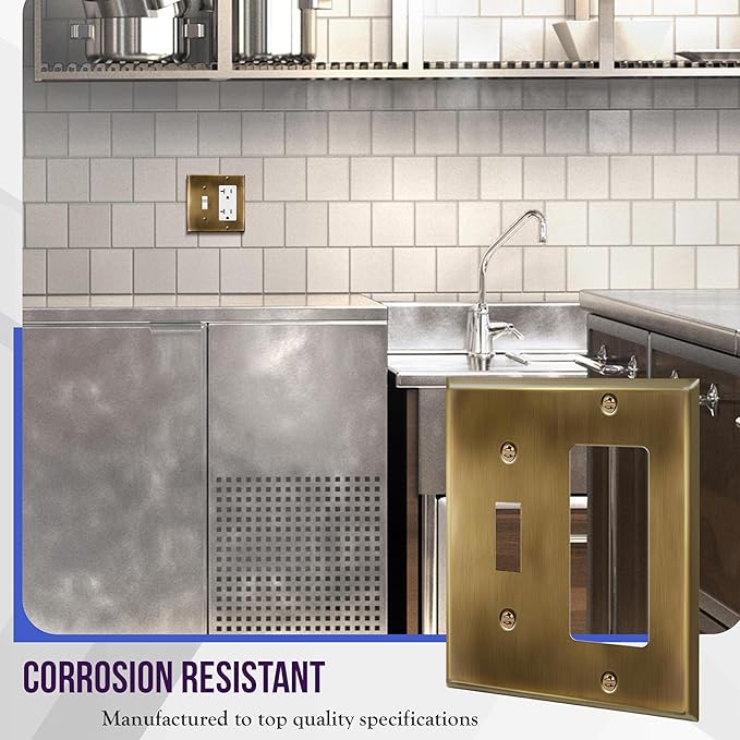 ENERLITES Combination Toggle Switch & Decorator Receptacle Metal Wall Plate, Stainless Steel 201 Outlet Cover, Corrosion-Resistant, Standard Size 2-Gang 4.50" x 4.57", 771131-AB, Antique Brass