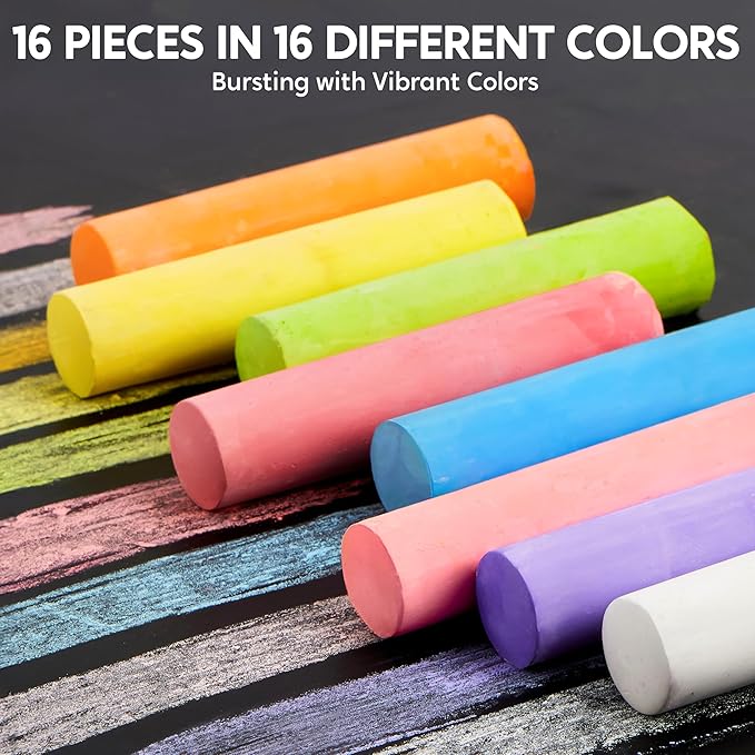 JOYIN 16 PCS Sidewalk Chalks Set Non-Toxic Washable Jumbo Chalk Bulk for Toddlers 1-3, Painting on Chalkboard, Driveway and Playground, Outdoor Activities, Gift for Kids, School Supplies