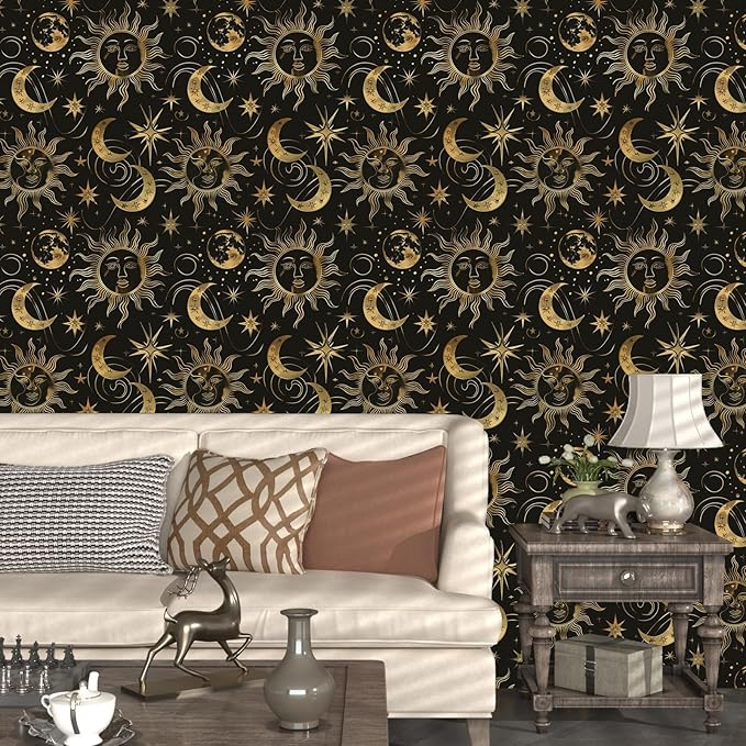 Laatse Black Peel and Stick Removable Vintage Wallpaper Gold Celestial Sun Moon Star Contact Paper 17.5" x 118" Dark Boho Mural Waterproof for Wall Bedroom Kitchen Bathroom Cabinet Room Decor