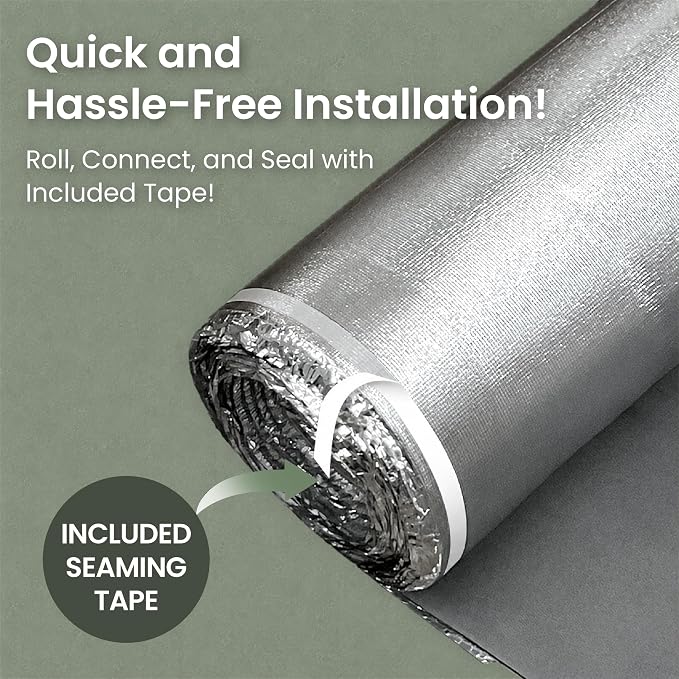 3-in-1 Acoustic Premium Floor Underlayment - 200 sqft Roll - 3mm Thick EVA with Silver Foil Vapor Barrier - Moisture Barrier, Thermal Insulation, Sound Insulation (Green Protect)
