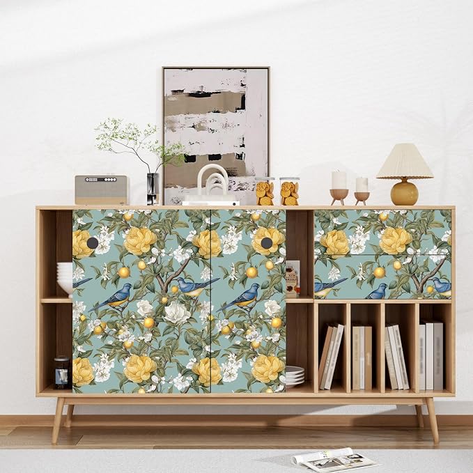 Danodoi Green Vintage Lemon Bird Peel and Stick Wallpaper 17.5" x 118" | Waterproof Vinyl Self Adhesive Removable Renter Friendly Floral Contact Paper