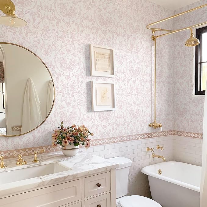 Ismoon Peel and Stick Wallpaper Pink Contact Paper 17.3in x 32.8ft Vintage Floral Wallpaper Boho Damask Removable Textured Wall Paper for Bedroom Bathroom Shelf Cabinet Décor