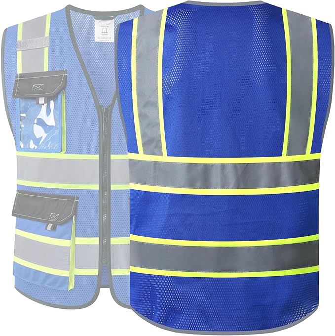 JKSafety Hi Vis Reflective Safety Vests for Men Women High Visibility Vest with Pockets Mesh Fabric Construction Safety Apparel Neon Vest for Work (220-Blue XXL)