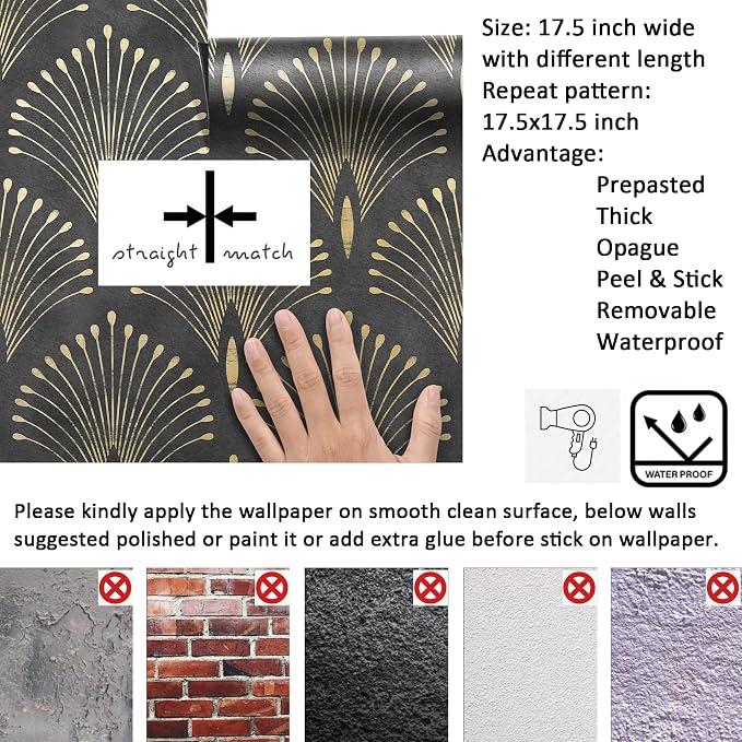 Livelynine 17.5x591 Dark Art Deco Wallpaper Black and Gold Abstract Wallpaper Peel and Stick Removable Peacock Feather Contact Paper Vinyl Luxury Metallic Geometric Modern Accent Wall Decoration