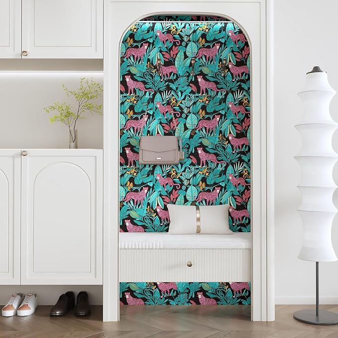 Blue Pink Vintage Leopard Peel and Stick Wallpaper 17.5" x 197" | Waterproof Vinyl Self Adhesive Removable Renter Friendly Floral Contact Paper