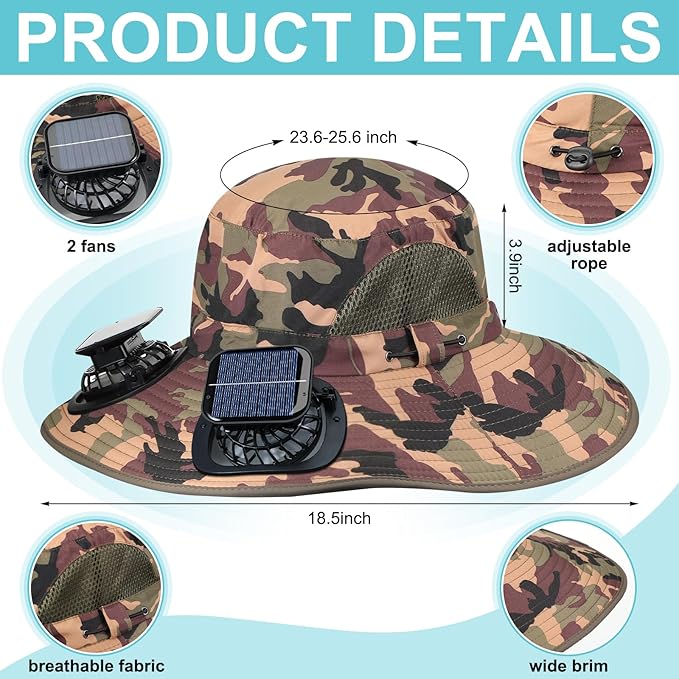 Glitopper 2 Set Wide Brim Solar Fan Hats with 2 Solar Fan and Arm Sleeves Set Outdoor Fishing Bucket Hat for Men Women Hiking