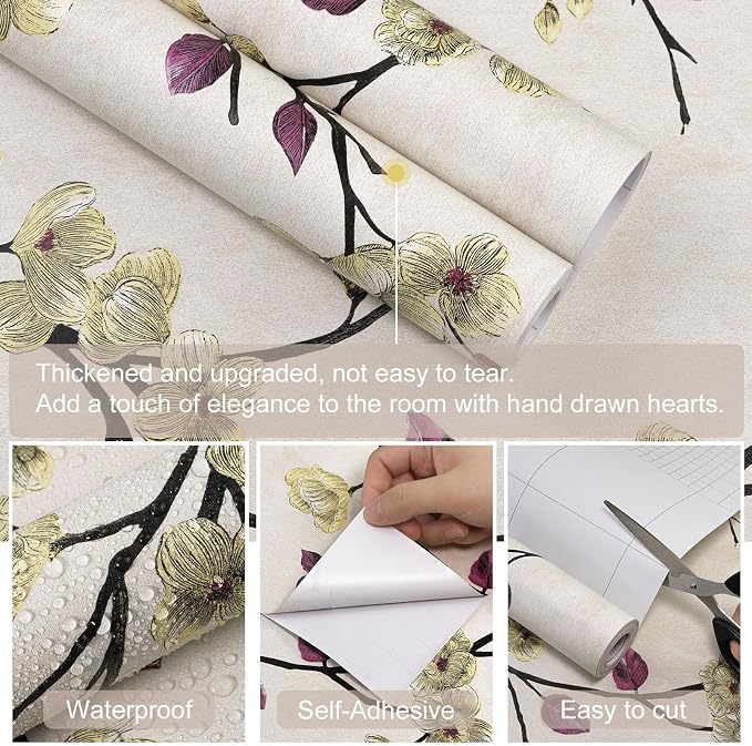 Floral Peel and Stick Wallpaper Flower Tree Contact Paper A Set of 17.5"x300" Self Adhesive Removable Modern Beige Wall Paper Decorative Wall Covering Countertop Vinyl Film Roll