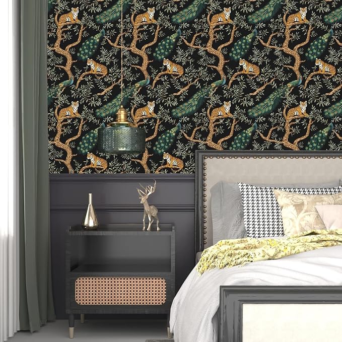 Black Vintage Peacock Tiger Peel and Stick Wallpaper 17.5" x 78" | Waterproof Vinyl Self Adhesive Removable Renter Friendly Floral Contact Paper