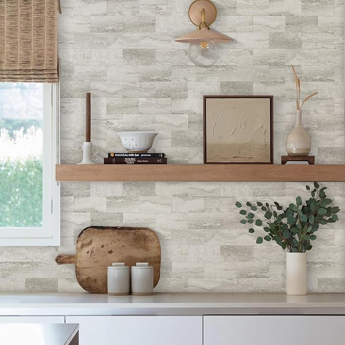 Vamos Tile 4-Piece Matt Beige Mixed Grey Slate Peel and Stick Backsplash Seamless Tile,3''x6'' PVC Subway Tile,Stick on Backsplash for Kitchen/Bathroom/Laundry Room
