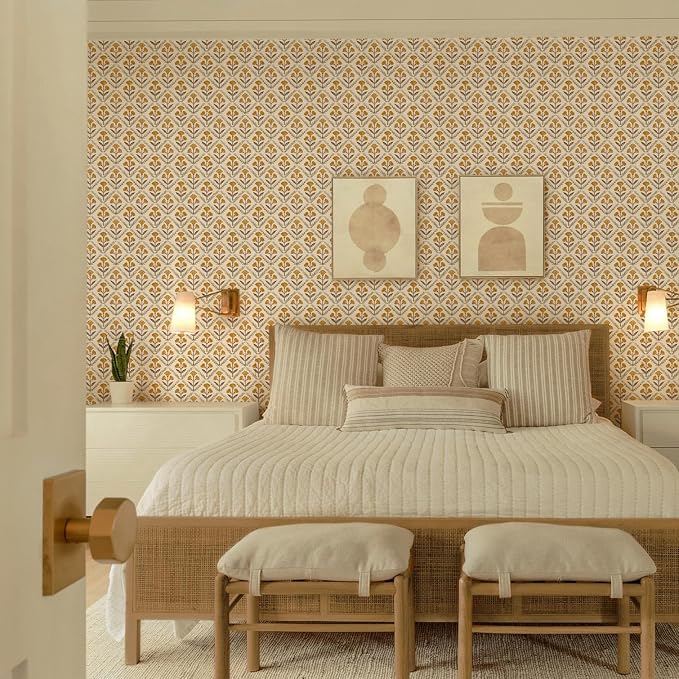 Dimoon 394"x17.3" Peel and Stick Wallpaper Floral Cute Contact Paper Vintage Village Country Cottage Wallpaper Farmhouse Yellow Beige Renter Friendly Geometry Waterproof Embossed Kitchen Bedroom