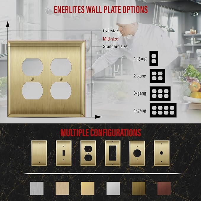 ENERLITES Dual Duplex Receptacle Metal Wall Plate, Stainless Steel Outlet Cover, Corrosion Resistant, Mid-Size 2-Gang 4.88" x 4.92", Stainless Steel 201, 7722M-BB, Brushed Brass