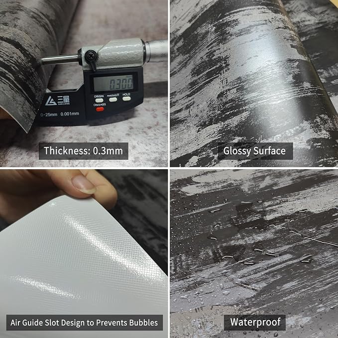 BOMENG Black Concrete Peel and Stick Industrial Wallpaper 15.7"x354" Cement Contact Paper with Air Guide Slot Design Glossy Industrial Wall Paper for Bathroom