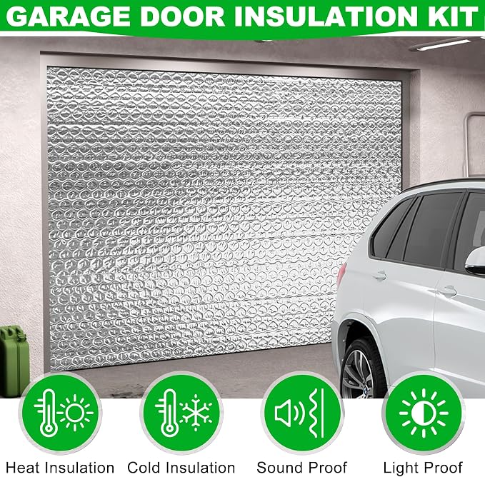 6P Garage Door Insulation Kit Panels 6MM 8x6FT for Single Garage Door, Pre-Cut Bubble Reflective Aluminum Foil Sheet 120 Tape, DIY Install Temperature Control Block Summer Heat & Winter Cold (24x48)