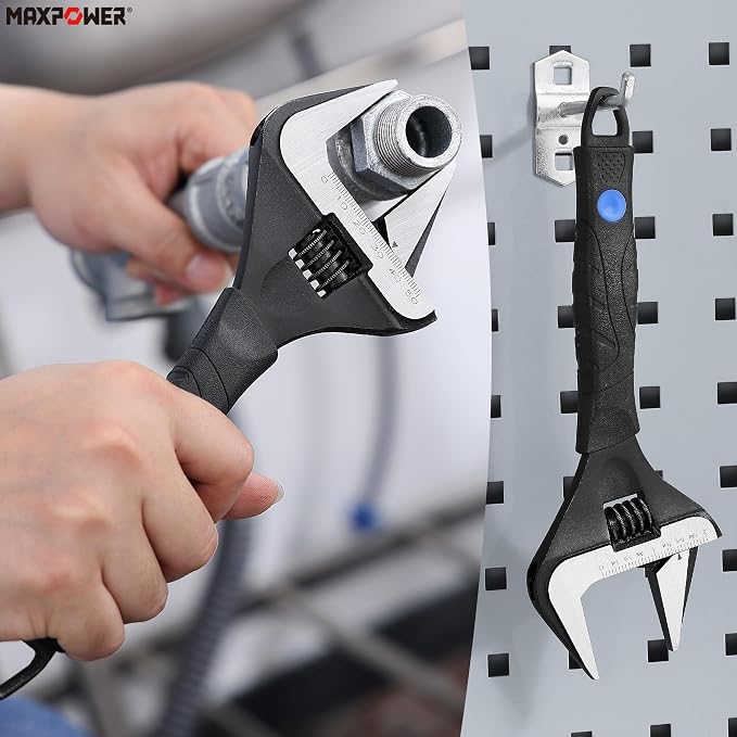 MAXPOWER 10-inch Wide Jaw Adjustable Wrench, 2-inch Jaw Capacity | Cr-V Steel, Stubby Plumbing Wrench, Soft Grips, Smooth Jaws