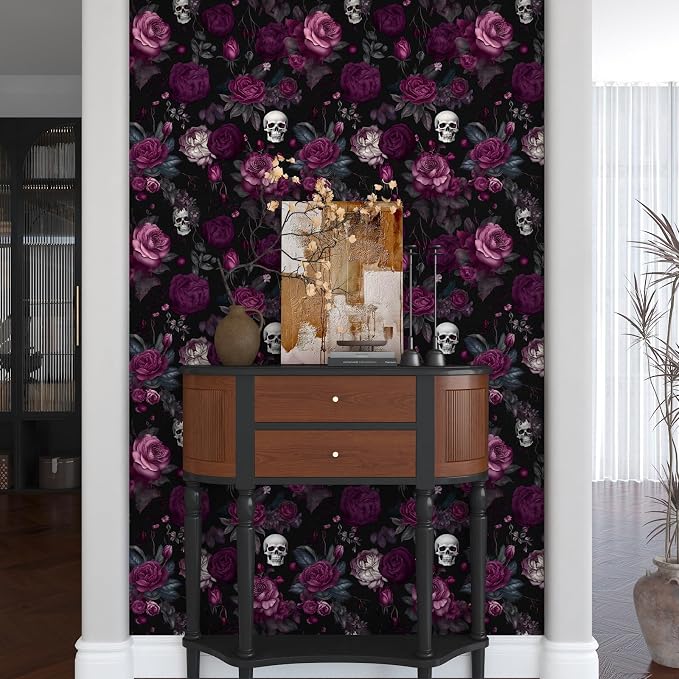 ILHIIOR Black Floral Gothic Peel and Stick Wallpaper 17.5 x 118 Inches | Leaf Removable Self Adhesive Waterproof Contact Paper, Renter Friendly Decor for Cabinets, Drawers & Bedroom Walls