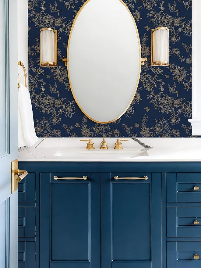 Froluya Dark Blue and Gold Vintage Floral Peel and Stick Wallpaper 17.7"x118.1" Dark Blue Floral Wallpaper Peel and Stick Removable Self Adhesive Wall Paper for Bathroom Bedroom Decorative Vinyl