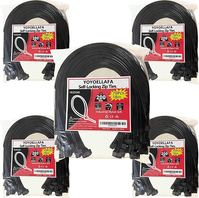 200lb Zip Ties Heavy Duty 18 Inch 350pcs, Large Black Cable Tie, Thick Heat Resistant Zipties, Big Wide Wire Ties, Industrial Tie Wraps for Outdoor Use