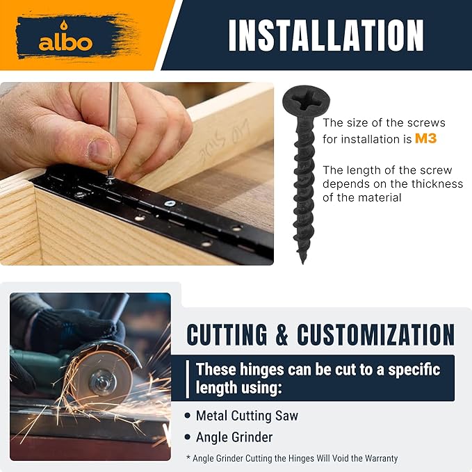 ALBO 36 Inch Black Heavy Duty Piano Hinge Continuous Stainless Steel 304 (2-Pack), Surface Mount Cabinet Hinges Matte Black 36"x2" for Piano Lid, Commercial Display & Industrial Cabinet