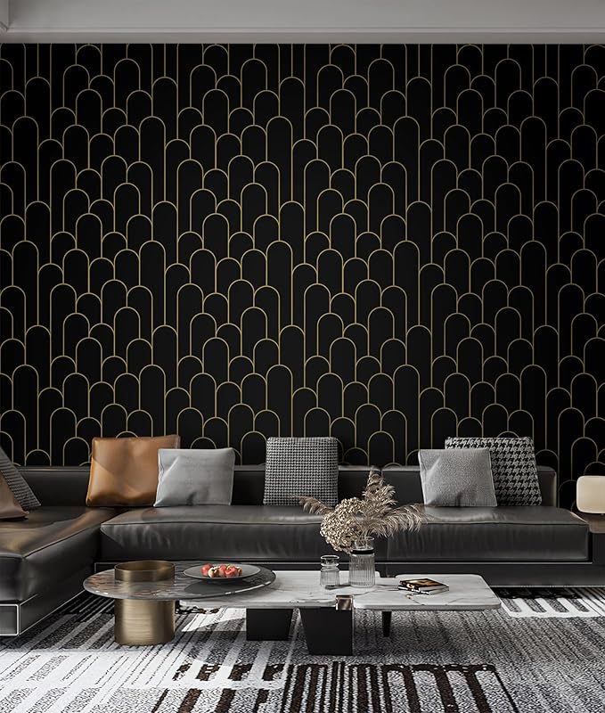 Yasinet Peel and Stick Wallpaper Black and Gold Wallpaper Modern Geometric Contact Paper for Bedroom Black Removable Self Adhesive Waterproof Wall Paper for Bathroom cabinets Vinyl 17.3”x393.7”