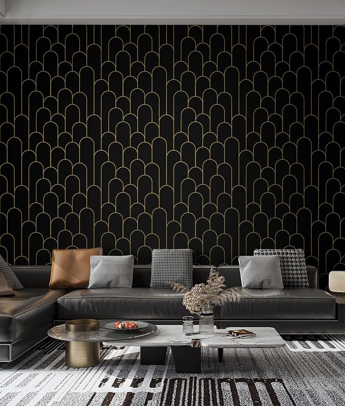 Yasinet Peel and Stick Wallpaper Black and Gold Wallpaper Black Geometric Contact Paper for Bedroom Modern Removable Self Adhesive Wall Paper Waterproof Decorative for Wall Vinyl 17.3"X118.7"